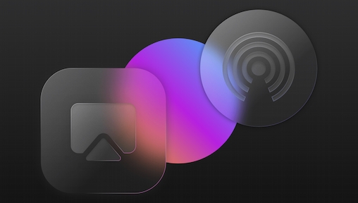 A graphic showing two glassmorphic icons overlapping a rainbow-colored oval