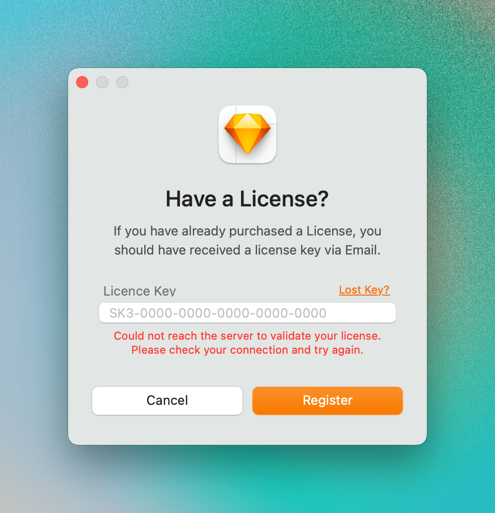 A screenshot of the error message Sketch displays when it cannot reach the Sketch server to validate a Mac-only license.